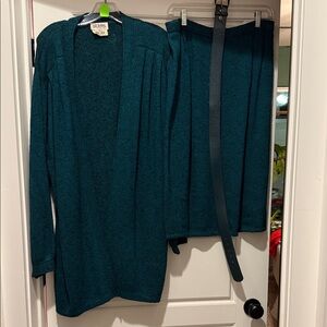 Vintage St. John Teal heather Cardigan and Skirt Set with Belt
